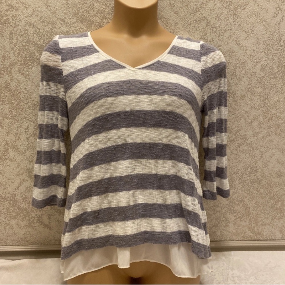 White House Black Market Gray and White Striped Layered Sweater